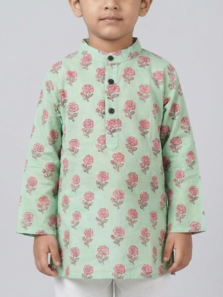 Boys Green Floral Print Mandarin Collar Full Sleeves Straight Kurta Pyjamas Set