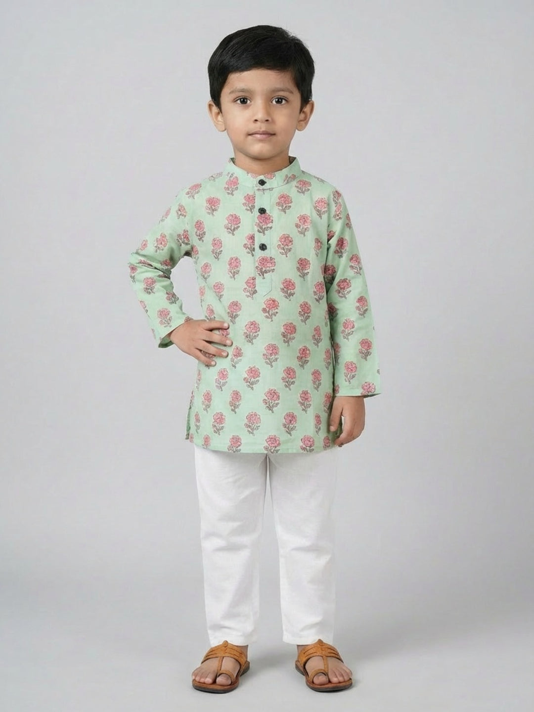Boys Green Floral Print Mandarin Collar Full Sleeves Straight Kurta Pyjamas Set