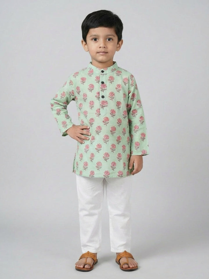 Boys Green Floral Print Mandarin Collar Full Sleeves Straight Kurta Pyjamas Set