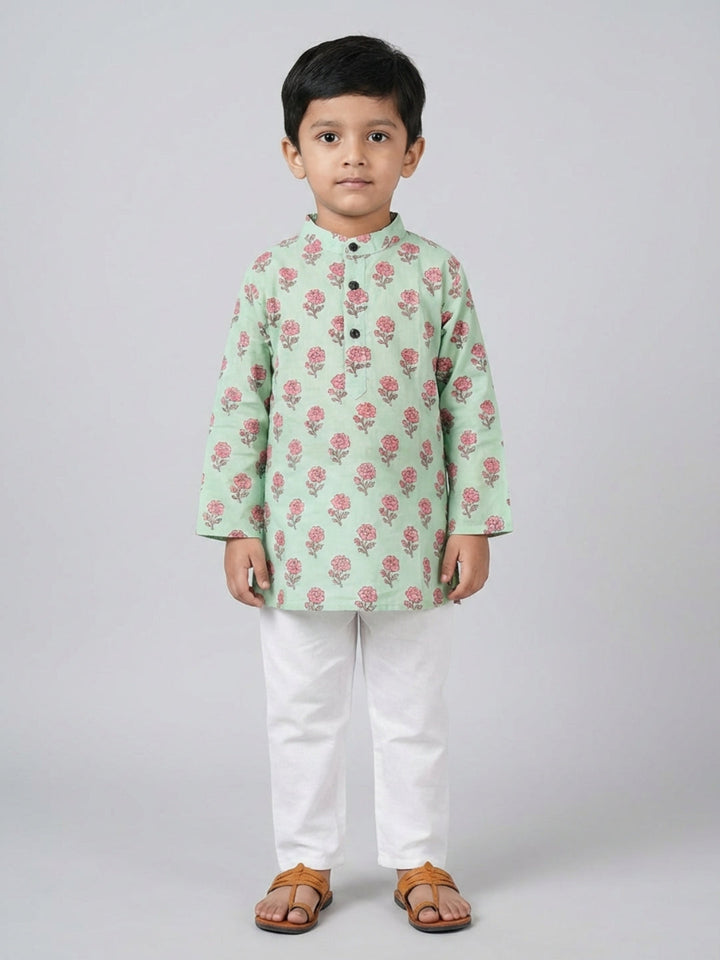 Boys Green Floral Print Mandarin Collar Full Sleeves Straight Kurta Pyjamas Set