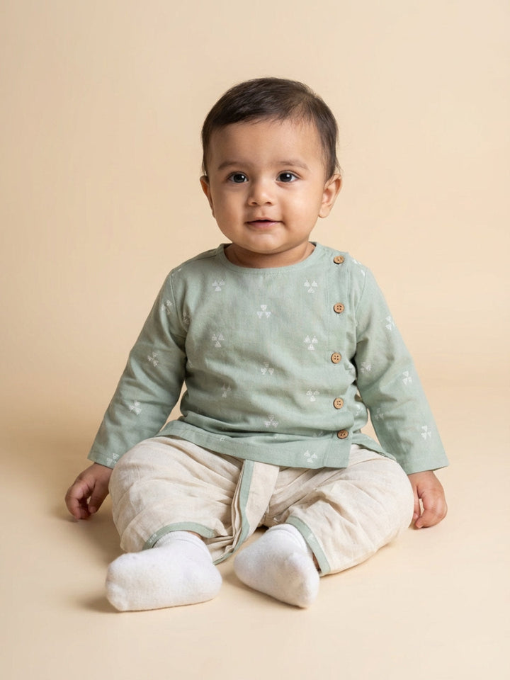 Boys Green Round Neck Full Sleeves Angrakha Kurta and Dhoti Pants Set | SHOBITAM