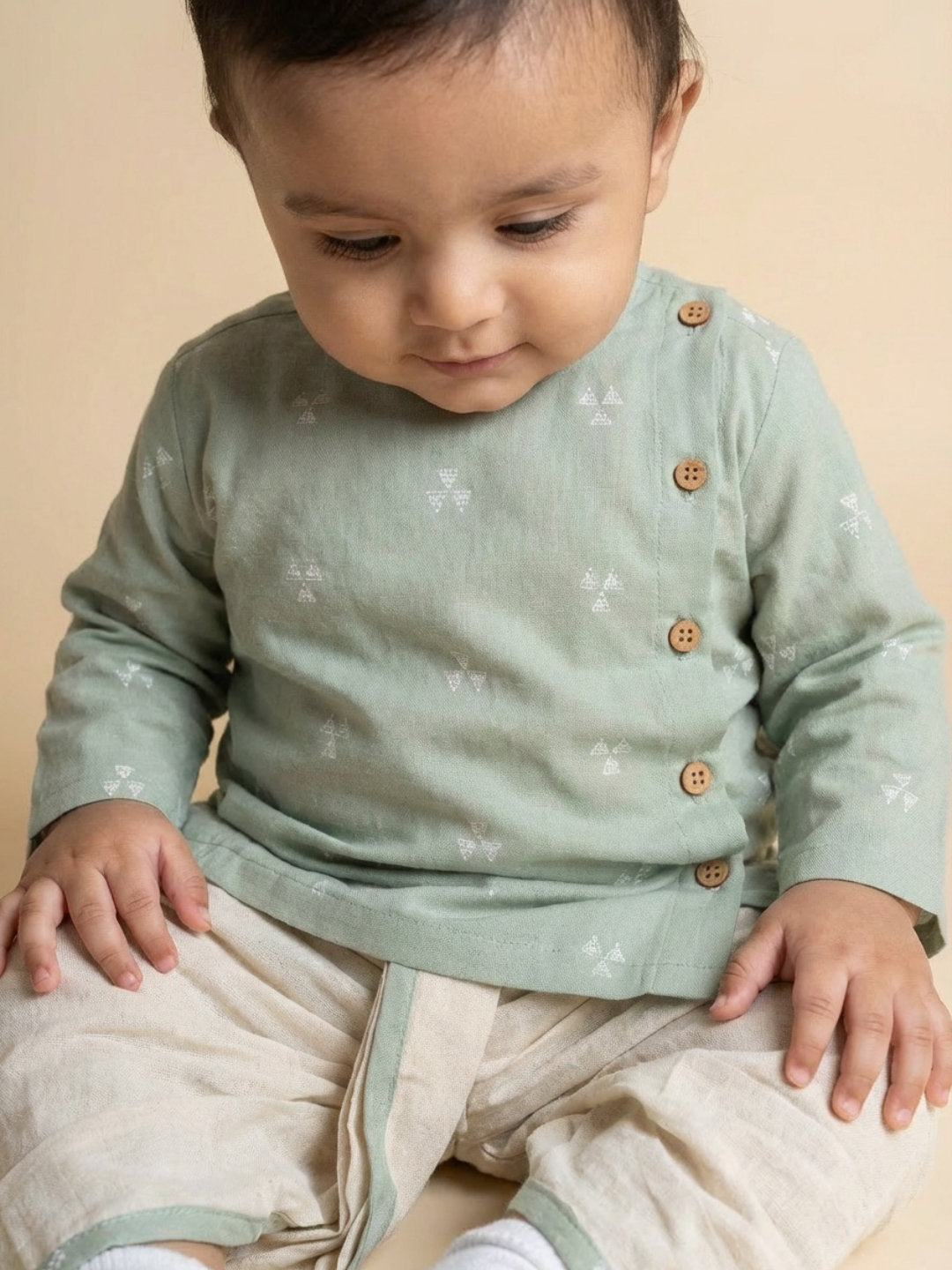 Boys Green Round Neck Full Sleeves Angrakha Kurta and Dhoti Pants Set | SHOBITAM