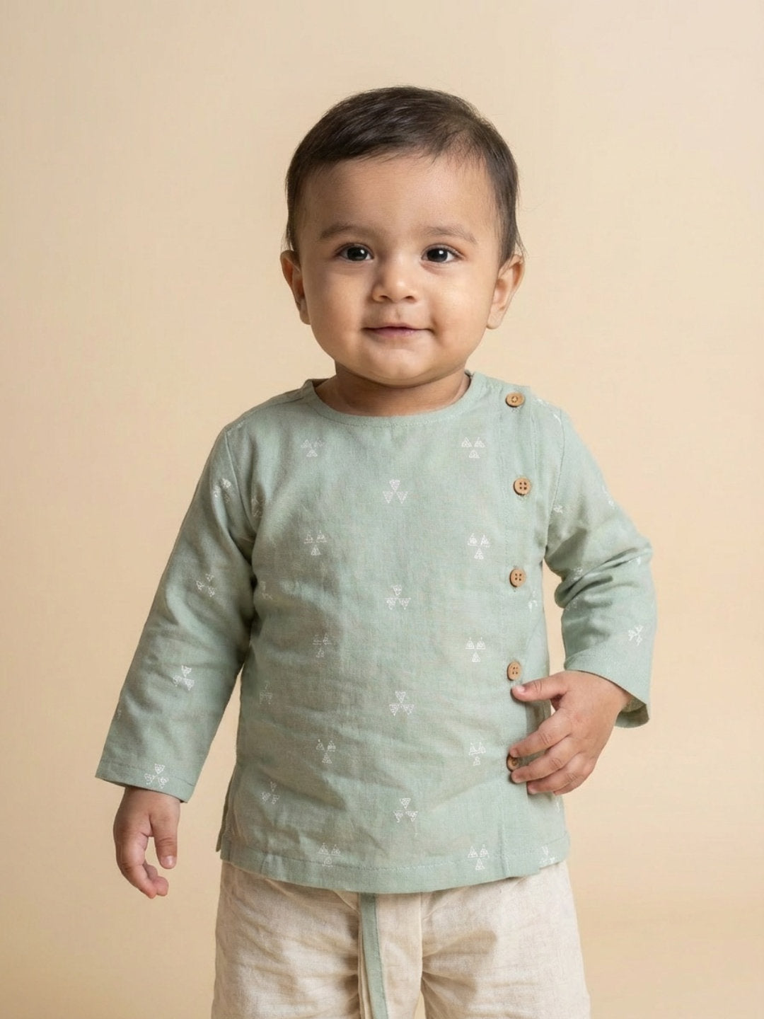 Boys Green Round Neck Full Sleeves Angrakha Kurta and Dhoti Pants Set | SHOBITAM