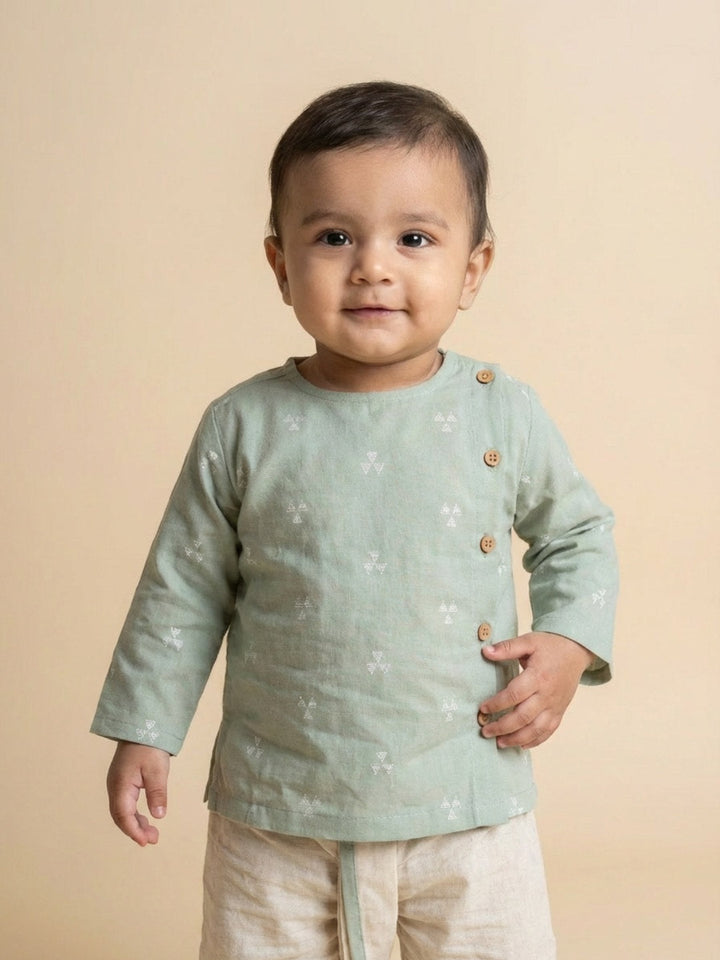Boys Green Round Neck Full Sleeves Angrakha Kurta and Dhoti Pants Set | SHOBITAM