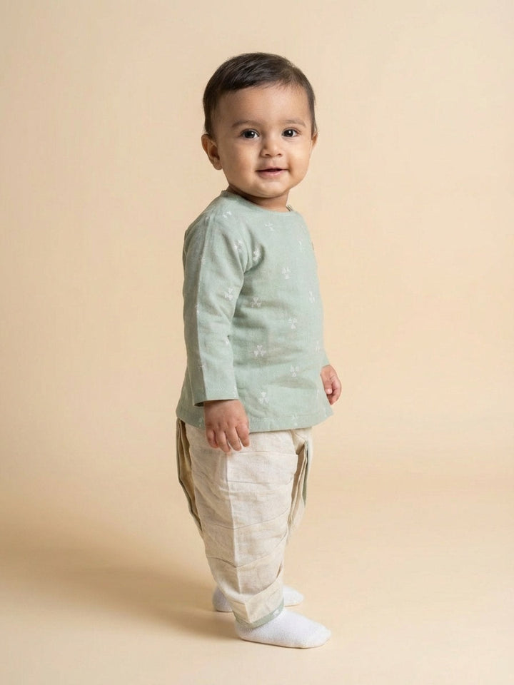 Boys Green Round Neck Full Sleeves Angrakha Kurta and Dhoti Pants Set | SHOBITAM