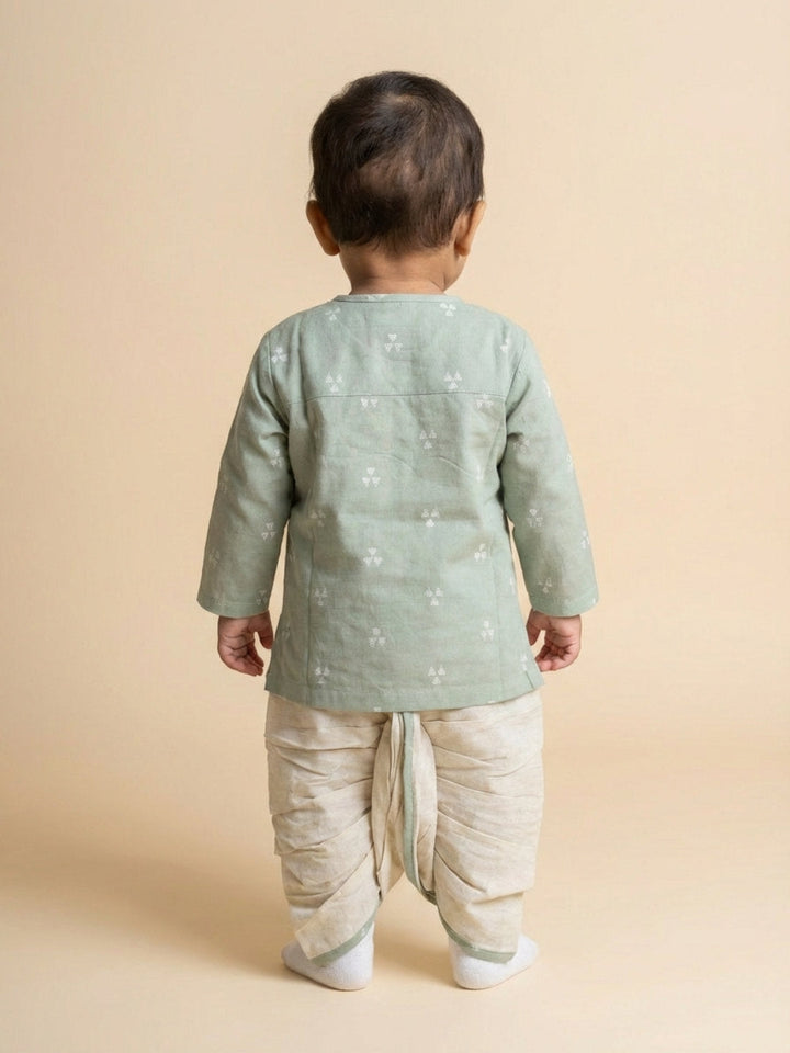 Boys Green Round Neck Full Sleeves Angrakha Kurta and Dhoti Pants Set | SHOBITAM