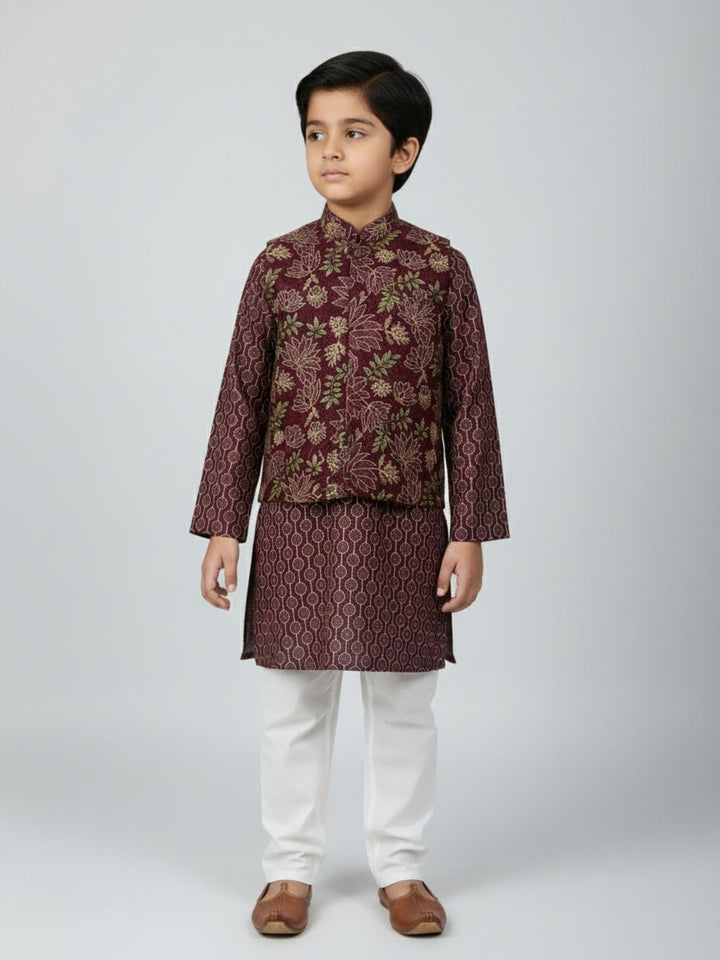 Boys Printed Kurta with Jacket and White Churidar Set