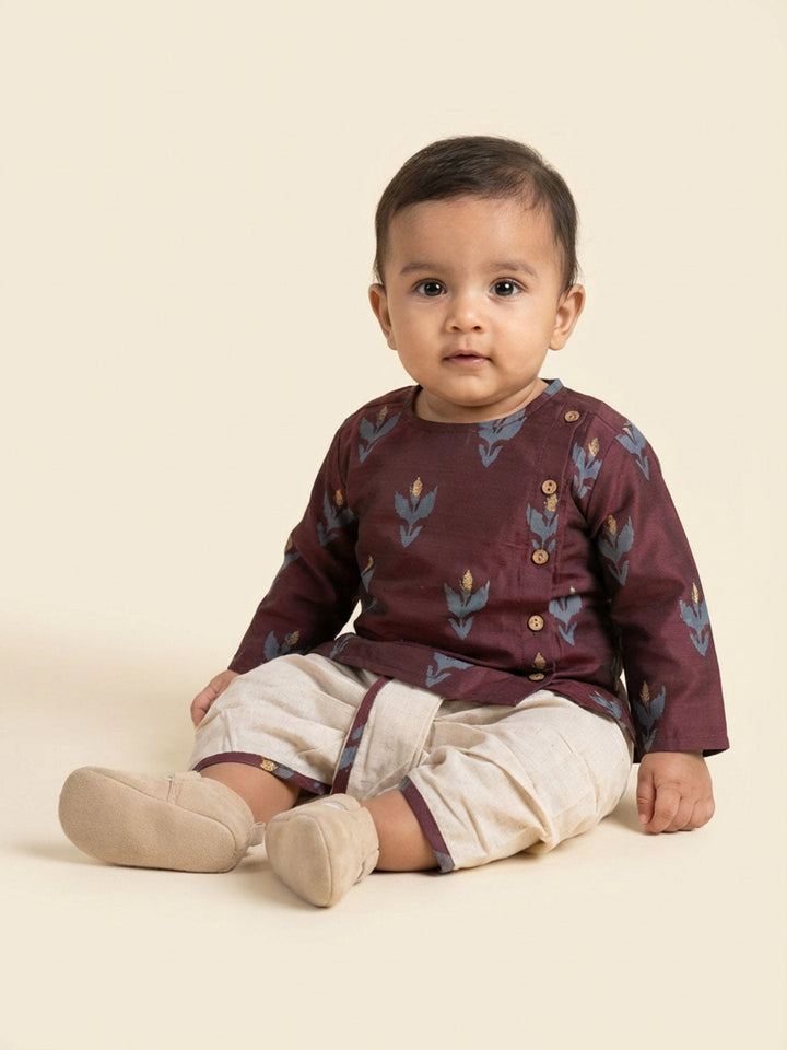 Boys Maroon Round Neck Full Sleeves Angrakha Kurta and Dhoti Pants Set | SHOBITAM