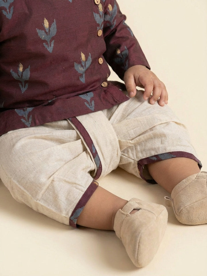 Boys Maroon Round Neck Full Sleeves Angrakha Kurta and Dhoti Pants Set | SHOBITAM
