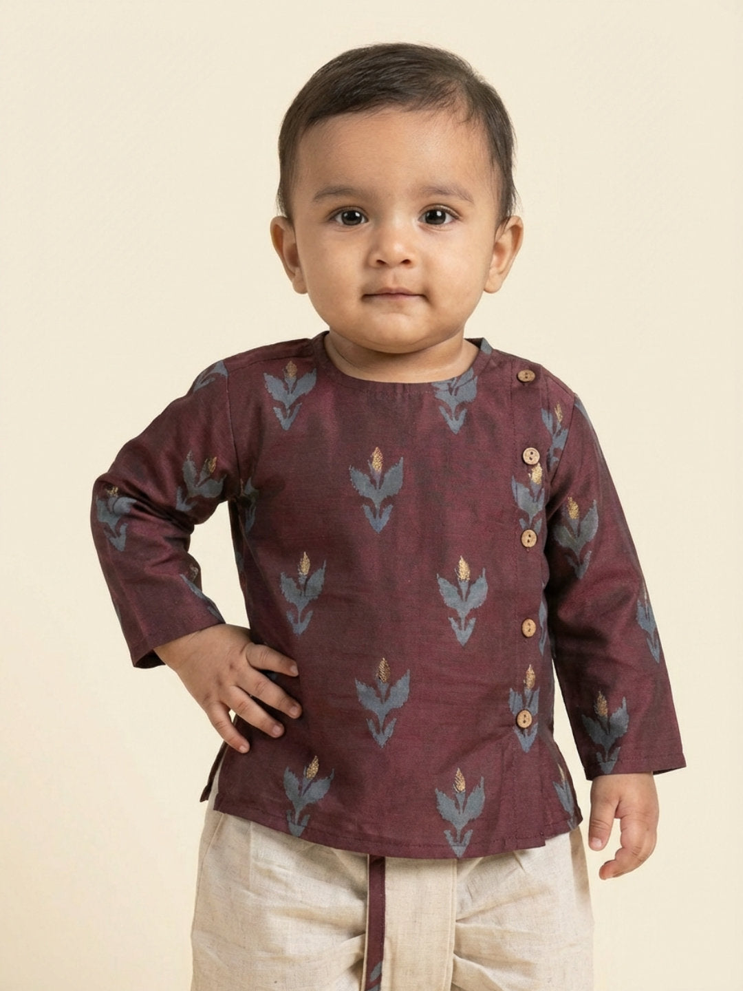Boys Maroon Round Neck Full Sleeves Angrakha Kurta and Dhoti Pants Set | SHOBITAM