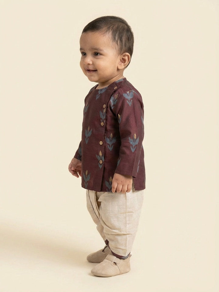 Boys Maroon Round Neck Full Sleeves Angrakha Kurta and Dhoti Pants Set | SHOBITAM
