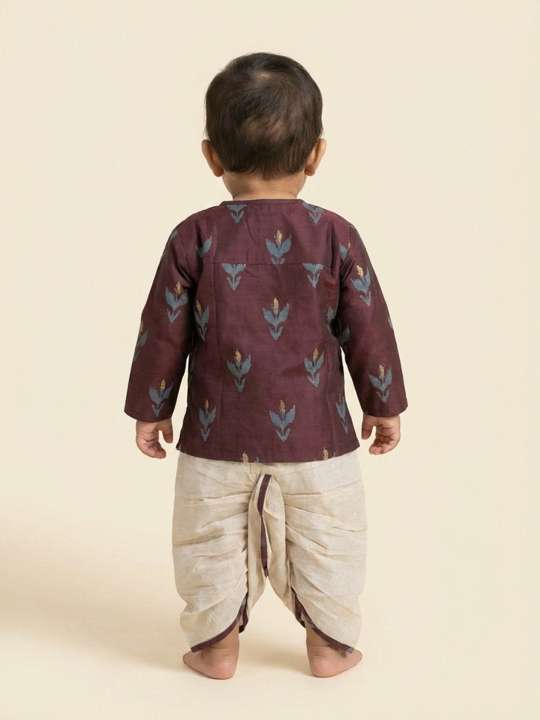 Boys Maroon Round Neck Full Sleeves Angrakha Kurta and Dhoti Pants Set | SHOBITAM