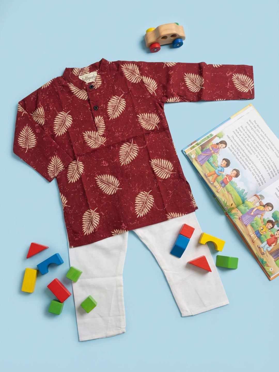 Boys Maroon Leaf Print Mandarin Collar Full Sleeves Straight Kurta Pyjamas Set