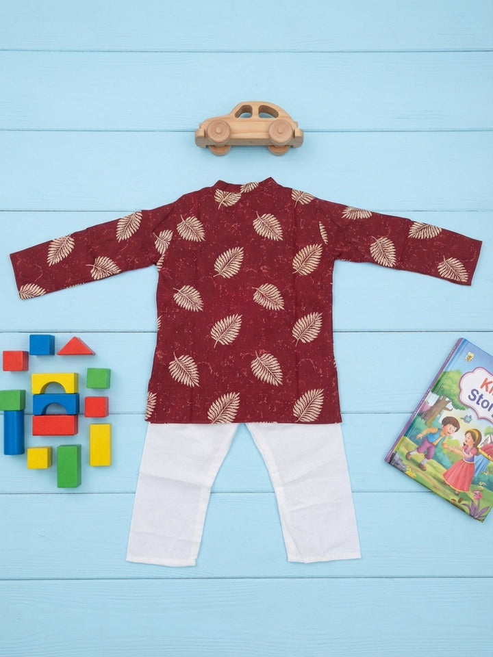 Boys Maroon Leaf Print Mandarin Collar Full Sleeves Straight Kurta Pyjamas Set