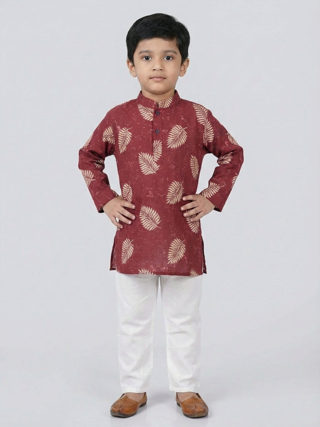 Boys Maroon Leaf Print Mandarin Collar Full Sleeves Straight Kurta Pyjamas Set