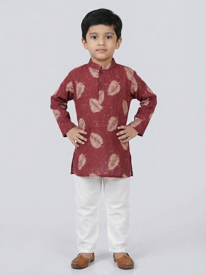 Boys Maroon Leaf Print Mandarin Collar Full Sleeves Straight Kurta Pyjamas Set