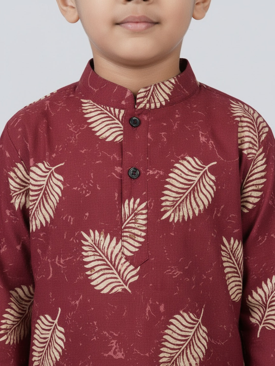Boys Maroon Leaf Print Mandarin Collar Full Sleeves Straight Kurta Pyjamas Set