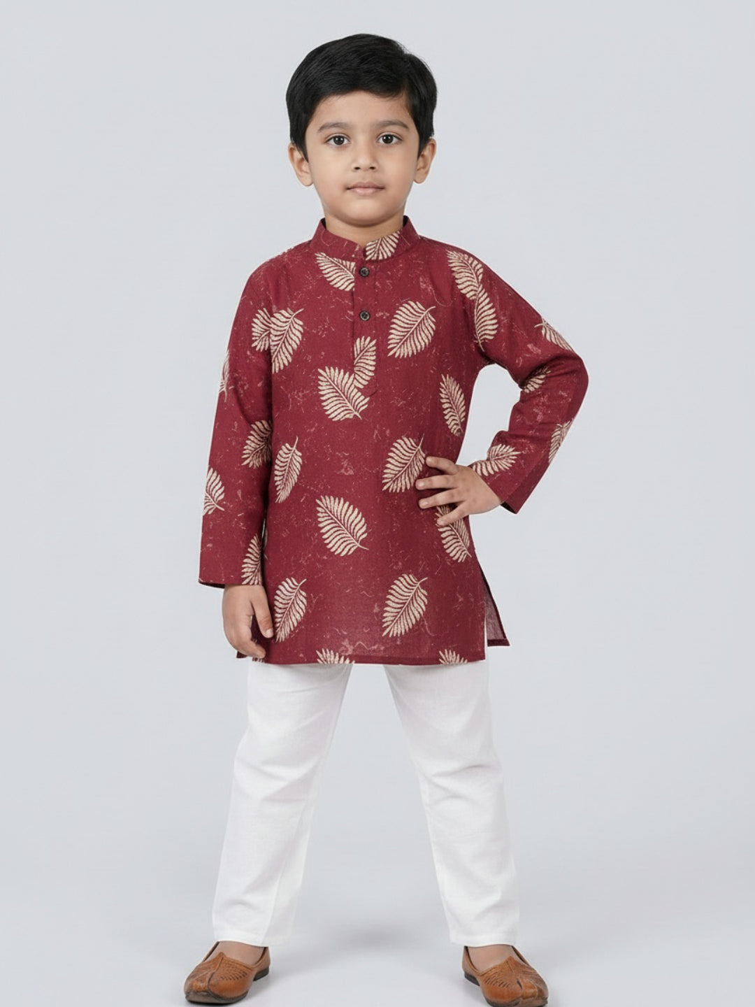 Boys Maroon Leaf Print Mandarin Collar Full Sleeves Straight Kurta Pyjamas Set
