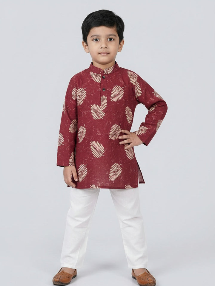 Boys Maroon Leaf Print Mandarin Collar Full Sleeves Straight Kurta Pyjamas Set