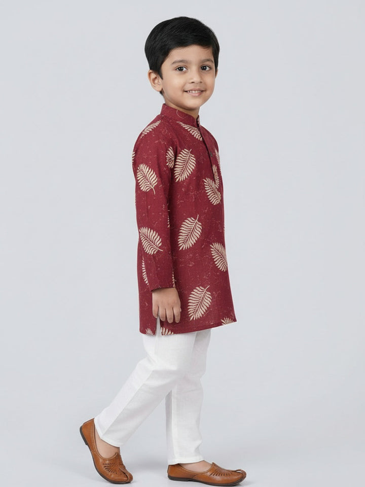 Boys Maroon Leaf Print Mandarin Collar Full Sleeves Straight Kurta Pyjamas Set
