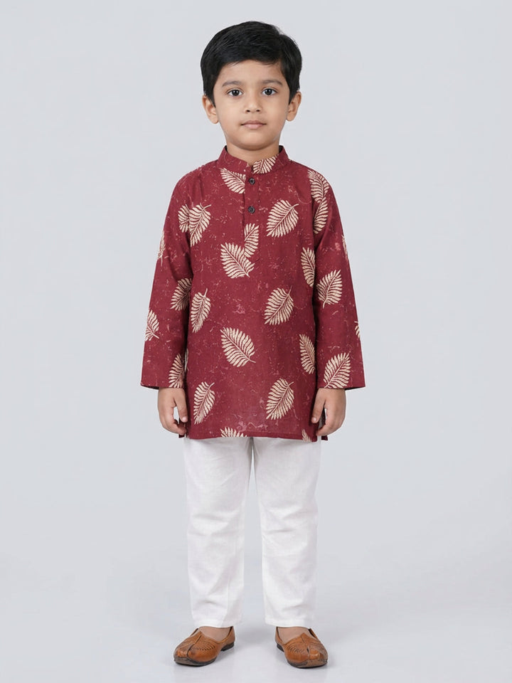 Boys Maroon Leaf Print Mandarin Collar Full Sleeves Straight Kurta Pyjamas Set