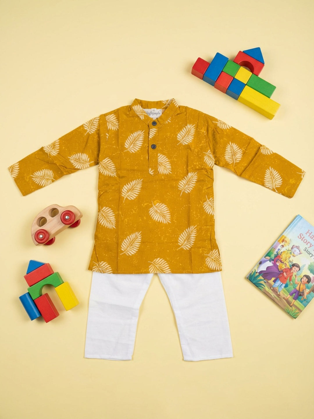 Boys Mustard Yellow Leaf Print Mandarin Collar Full Sleeves Straight Kurta Pyjamas Set