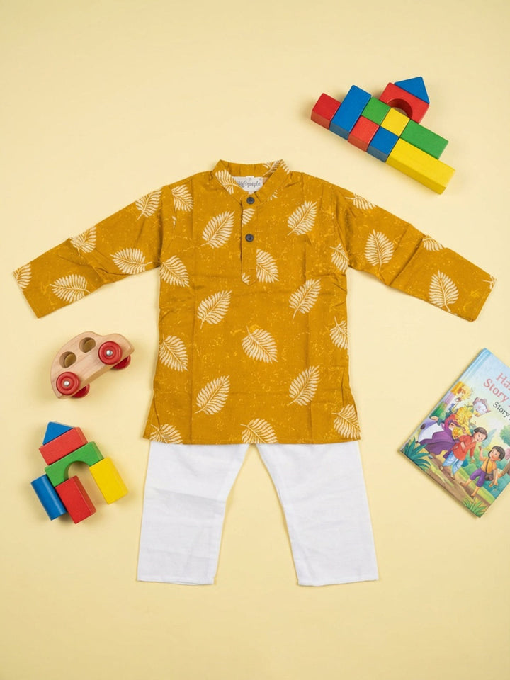 Boys Mustard Yellow Leaf Print Mandarin Collar Full Sleeves Straight Kurta Pyjamas Set