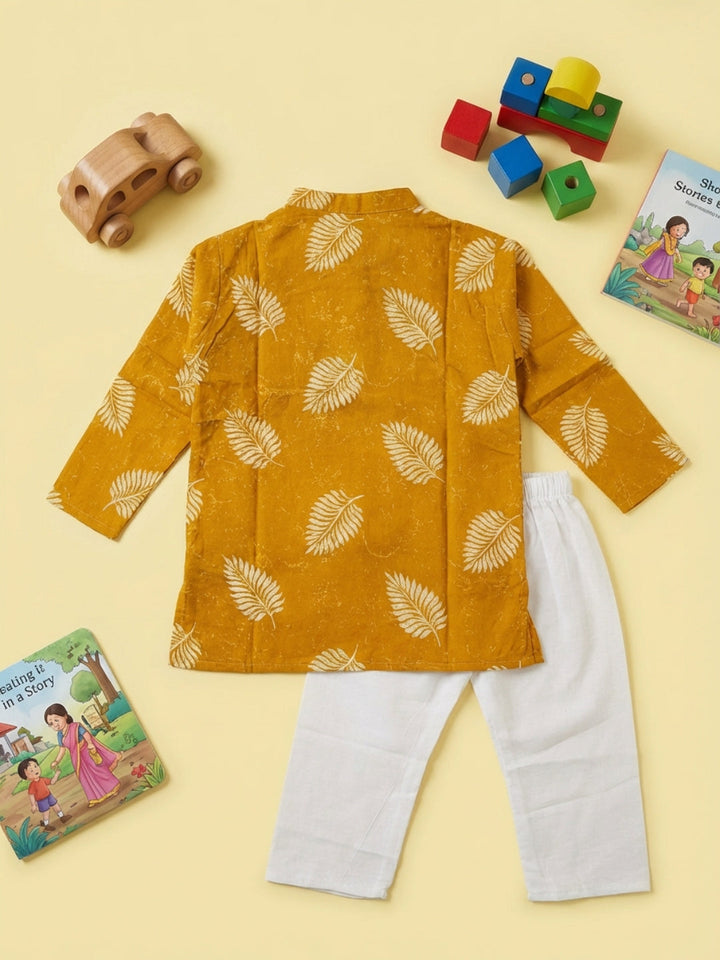Boys Mustard Yellow Leaf Print Mandarin Collar Full Sleeves Straight Kurta Pyjamas Set