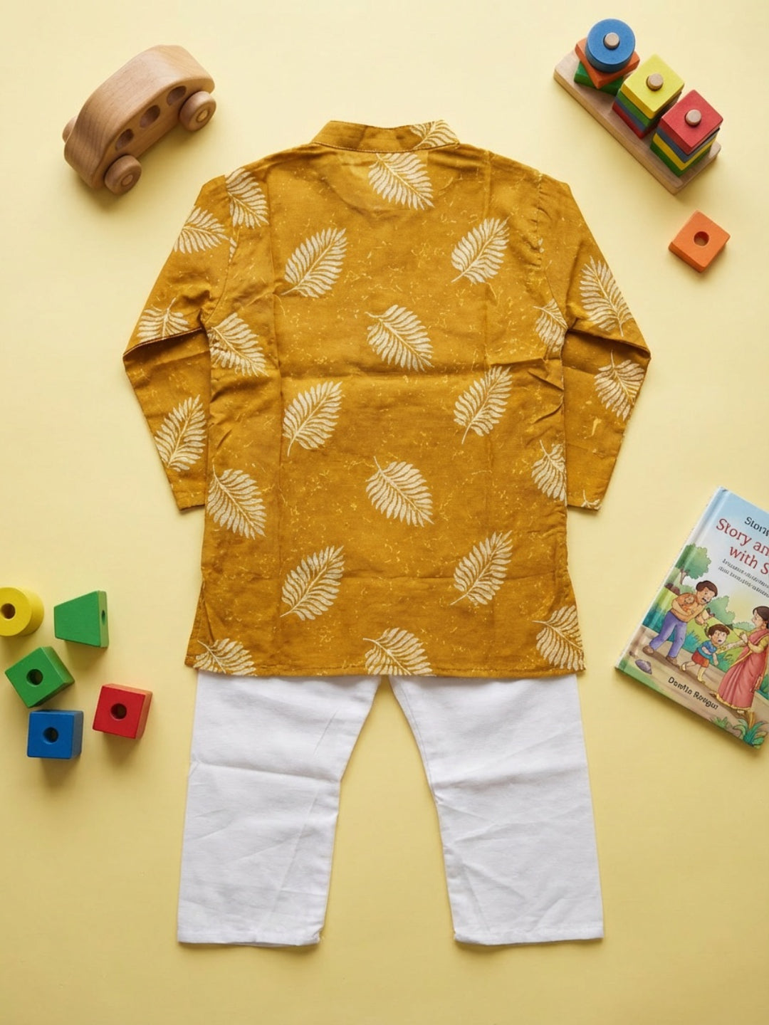 Boys Mustard Yellow Leaf Print Mandarin Collar Full Sleeves Straight Kurta Pyjamas Set