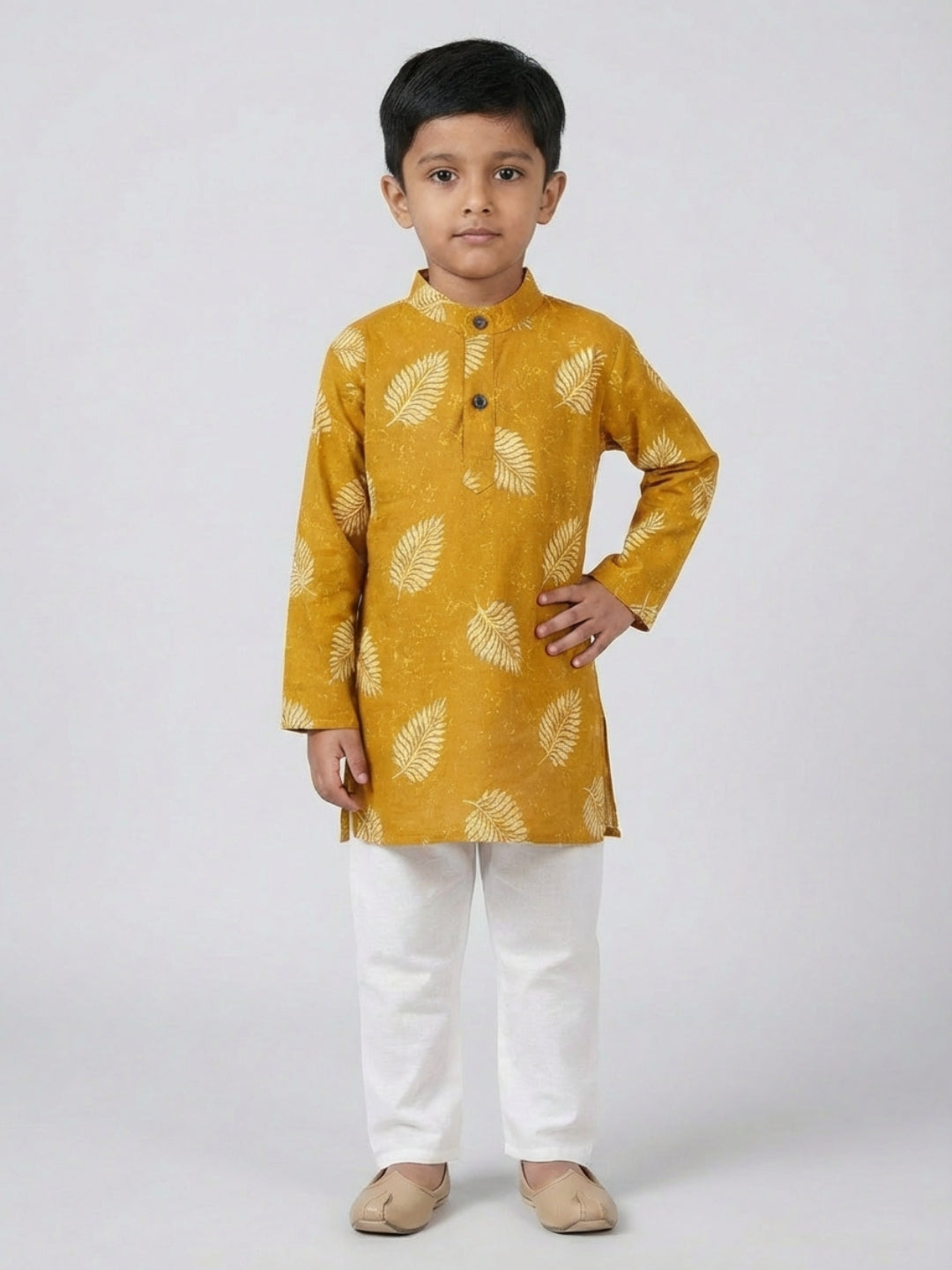 Boys Mustard Yellow Leaf Print Mandarin Collar Full Sleeves Straight Kurta Pyjamas Set