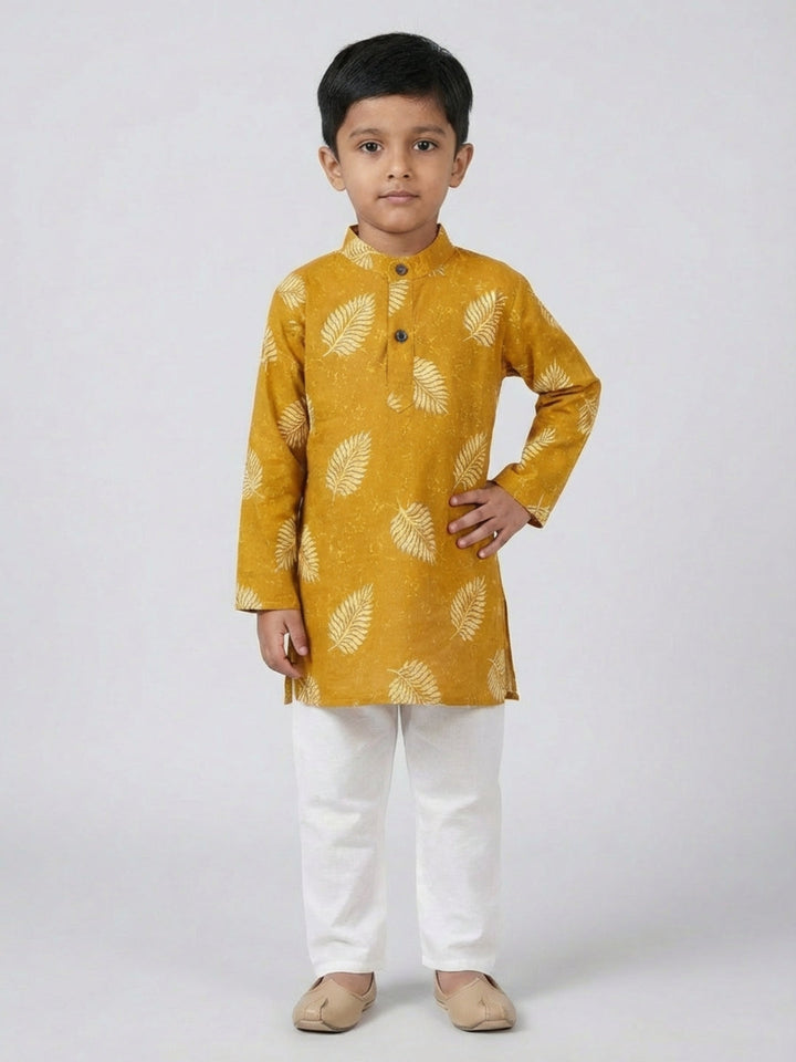 Boys Mustard Yellow Leaf Print Mandarin Collar Full Sleeves Straight Kurta Pyjamas Set