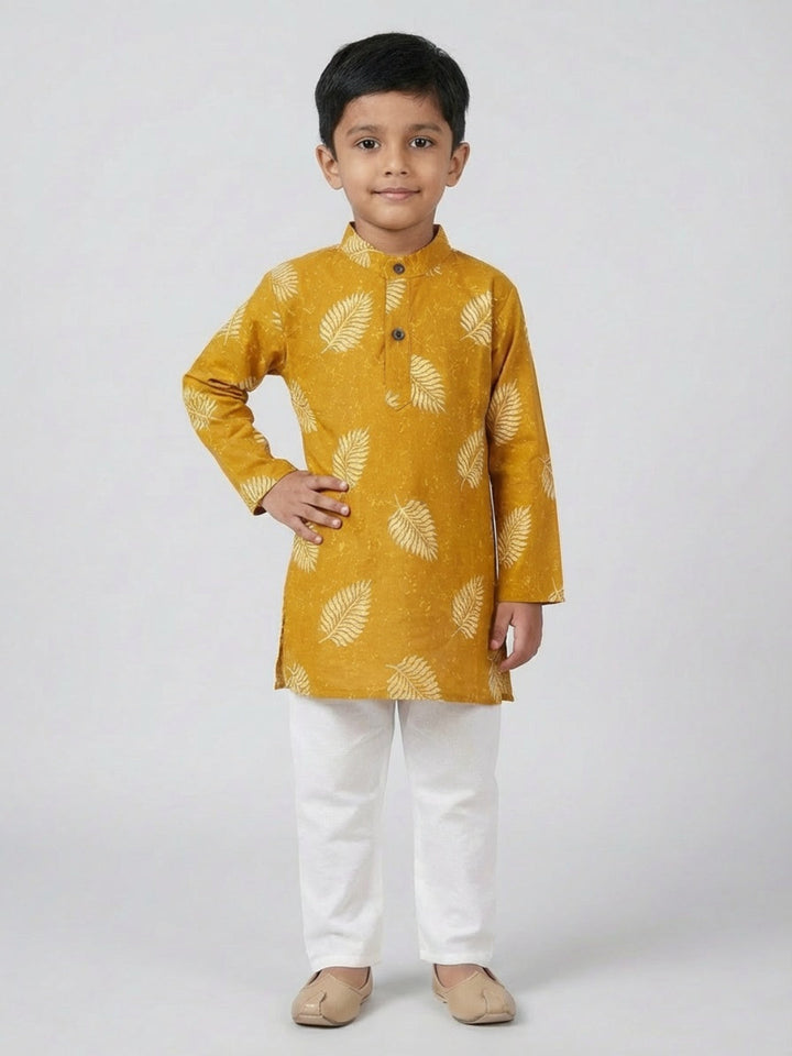 Boys Mustard Yellow Leaf Print Mandarin Collar Full Sleeves Straight Kurta Pyjamas Set