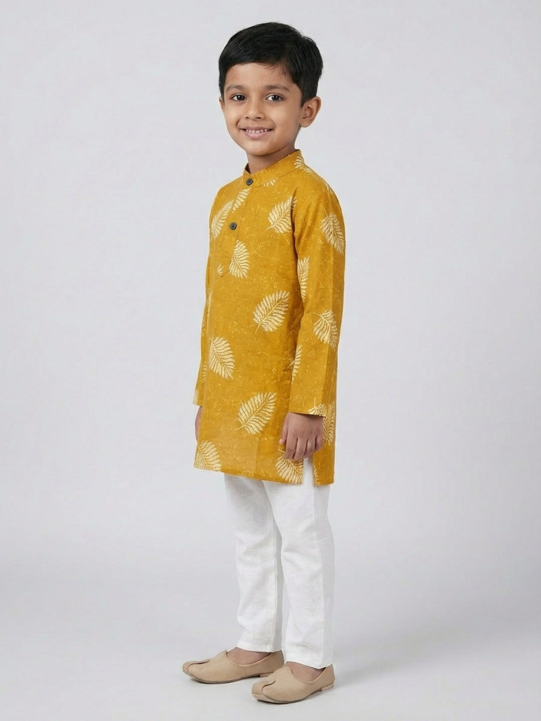 Boys Mustard Yellow Leaf Print Mandarin Collar Full Sleeves Straight Kurta Pyjamas Set