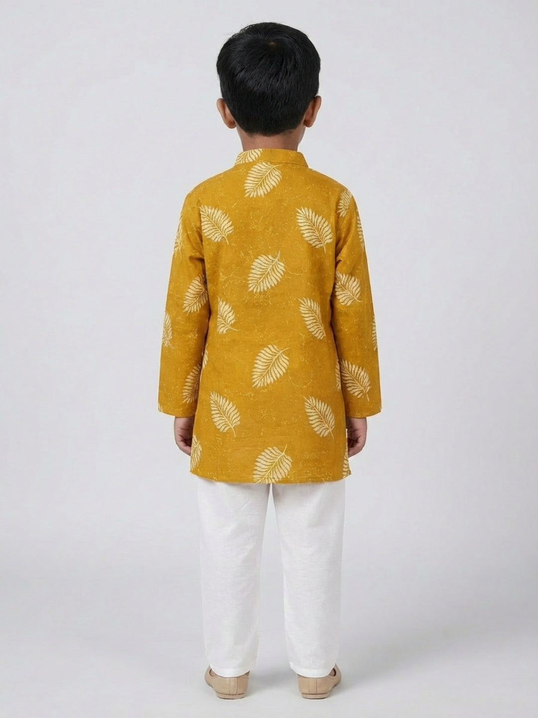 Boys Mustard Yellow Leaf Print Mandarin Collar Full Sleeves Straight Kurta Pyjamas Set