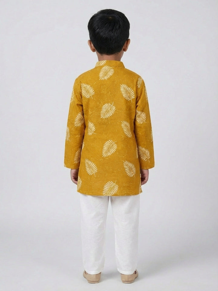 Boys Mustard Yellow Leaf Print Mandarin Collar Full Sleeves Straight Kurta Pyjamas Set