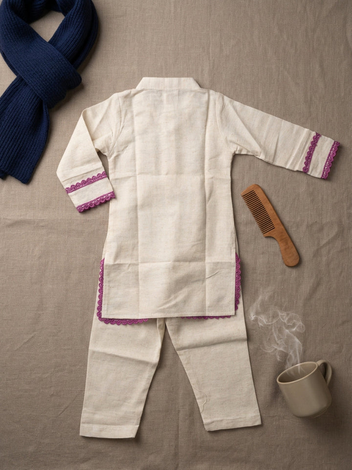Girls Off-White Hand Embroidered Straight Kurta Pyjamas Set | SHOBITAM