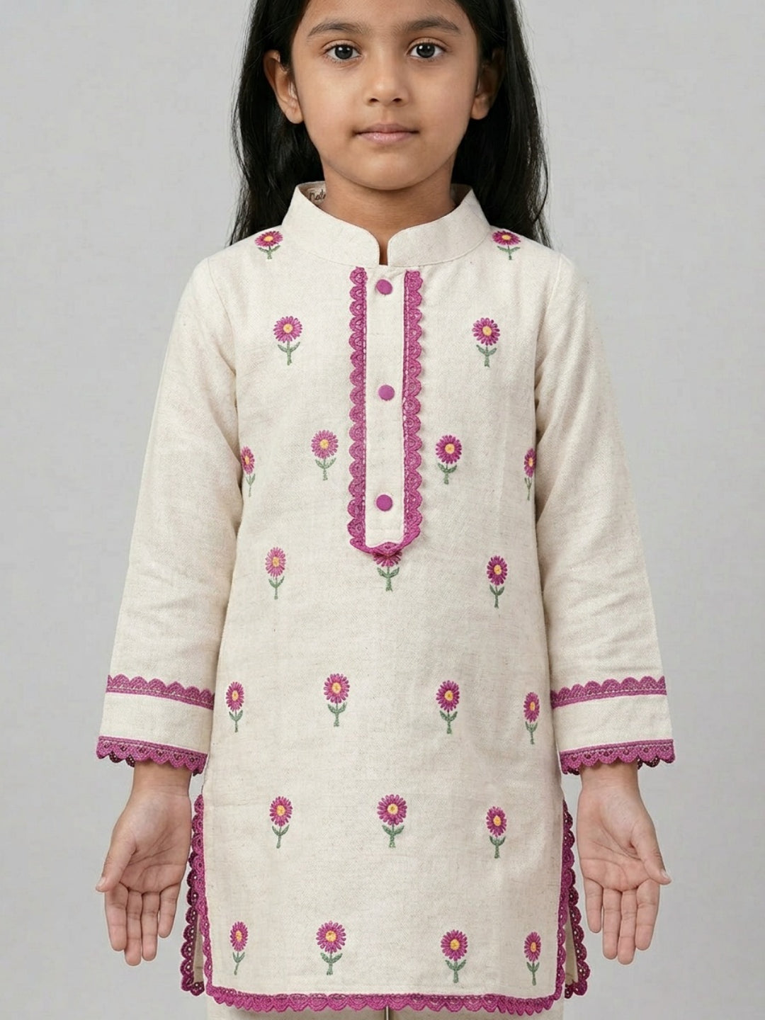 Girls Off-White Hand Embroidered Straight Kurta Pyjamas Set | SHOBITAM