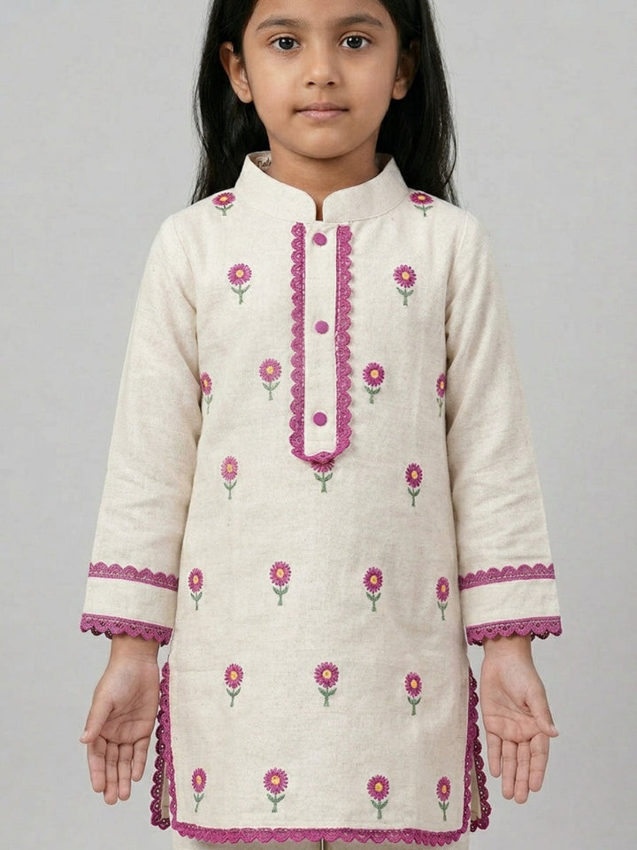 Girls Off-White Hand Embroidered Straight Kurta Pyjamas Set | SHOBITAM