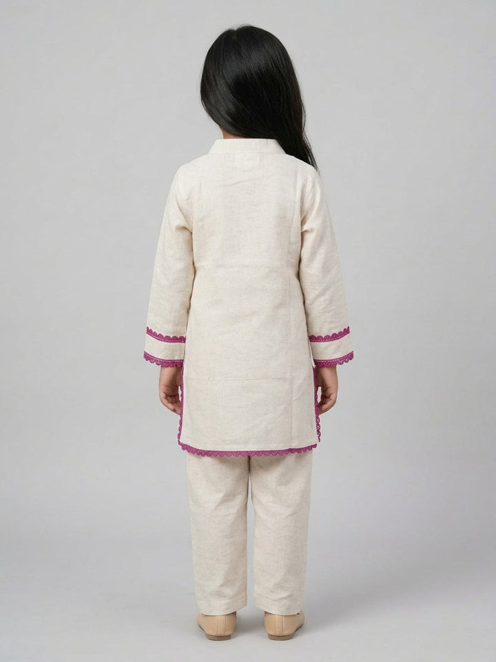 Girls Off-White Hand Embroidered Straight Kurta Pyjamas Set | SHOBITAM