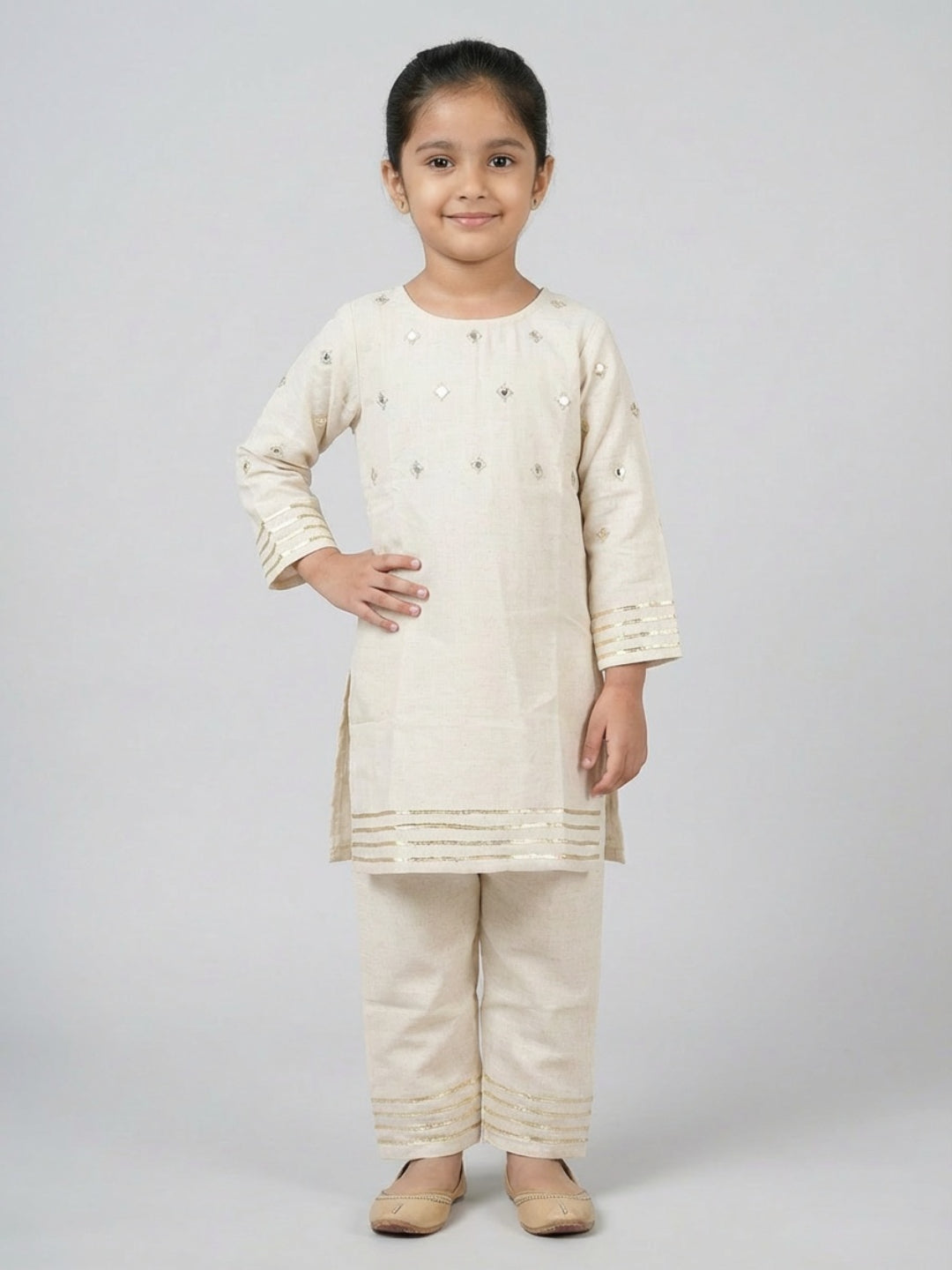 Girls Off-White Mirror Work Straight Kurta & Pyjamas Set | SHOBITAM