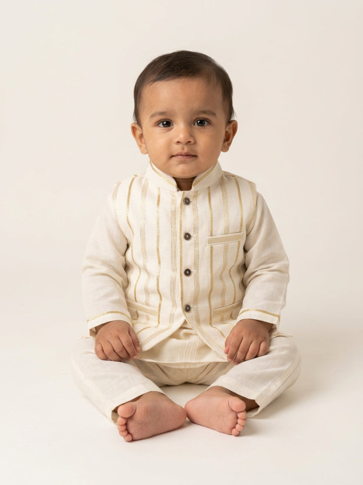 Infant Boys Off-White Kurta Pyjama Set with Striped Nehru Jacket | SHOBITAM