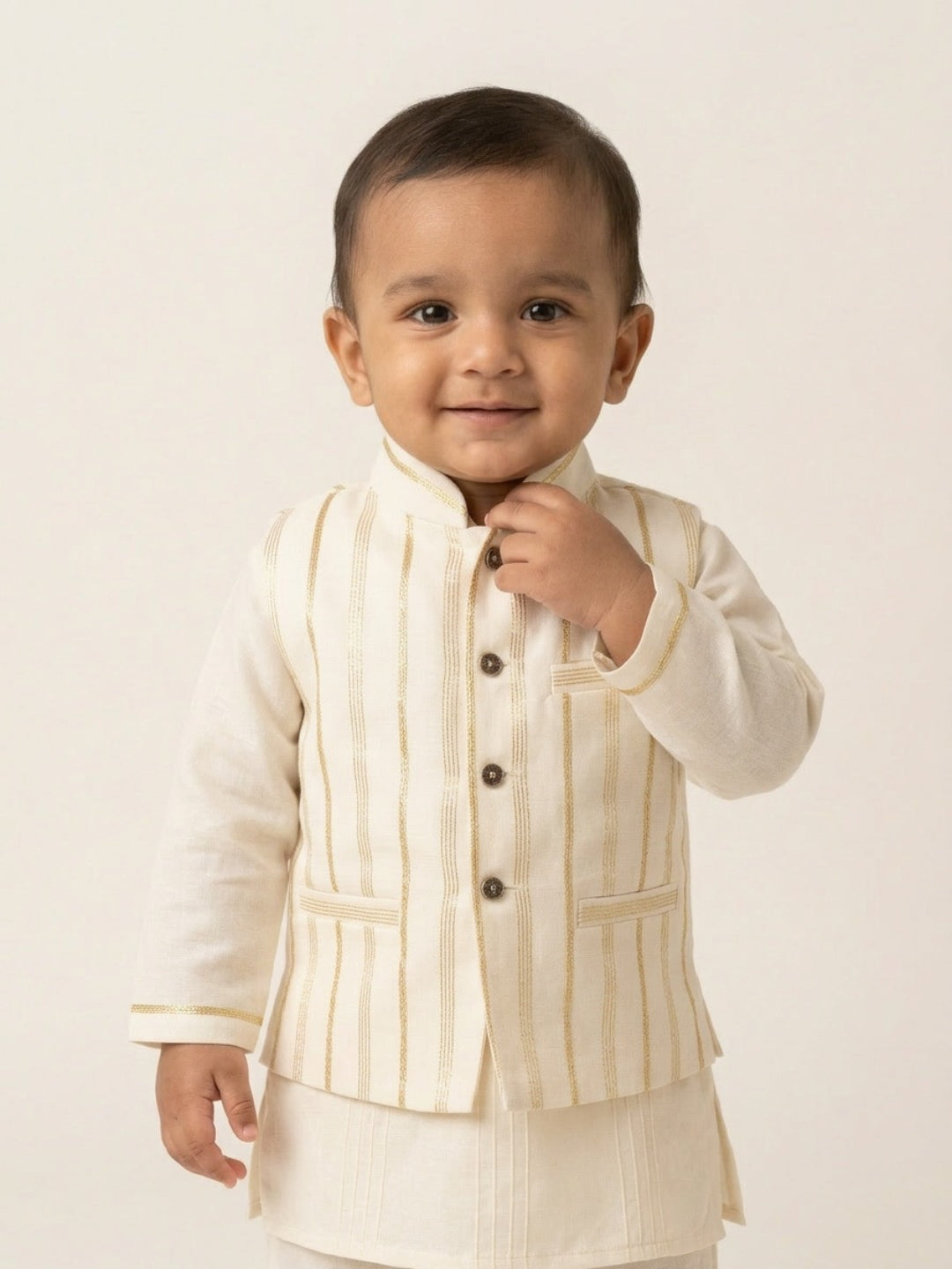 Infant Boys Off-White Kurta Pyjama Set with Striped Nehru Jacket | SHOBITAM