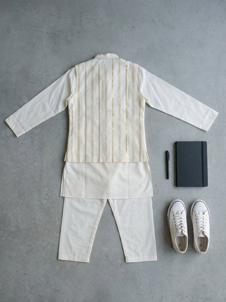 Infant Boys Off-White Kurta Pyjama Set with Striped Nehru Jacket | SHOBITAM