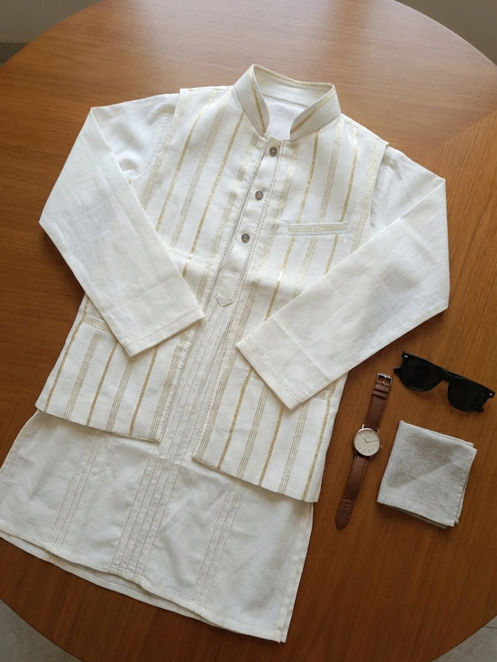 Infant Boys Off-White Kurta Pyjama Set with Striped Nehru Jacket | SHOBITAM