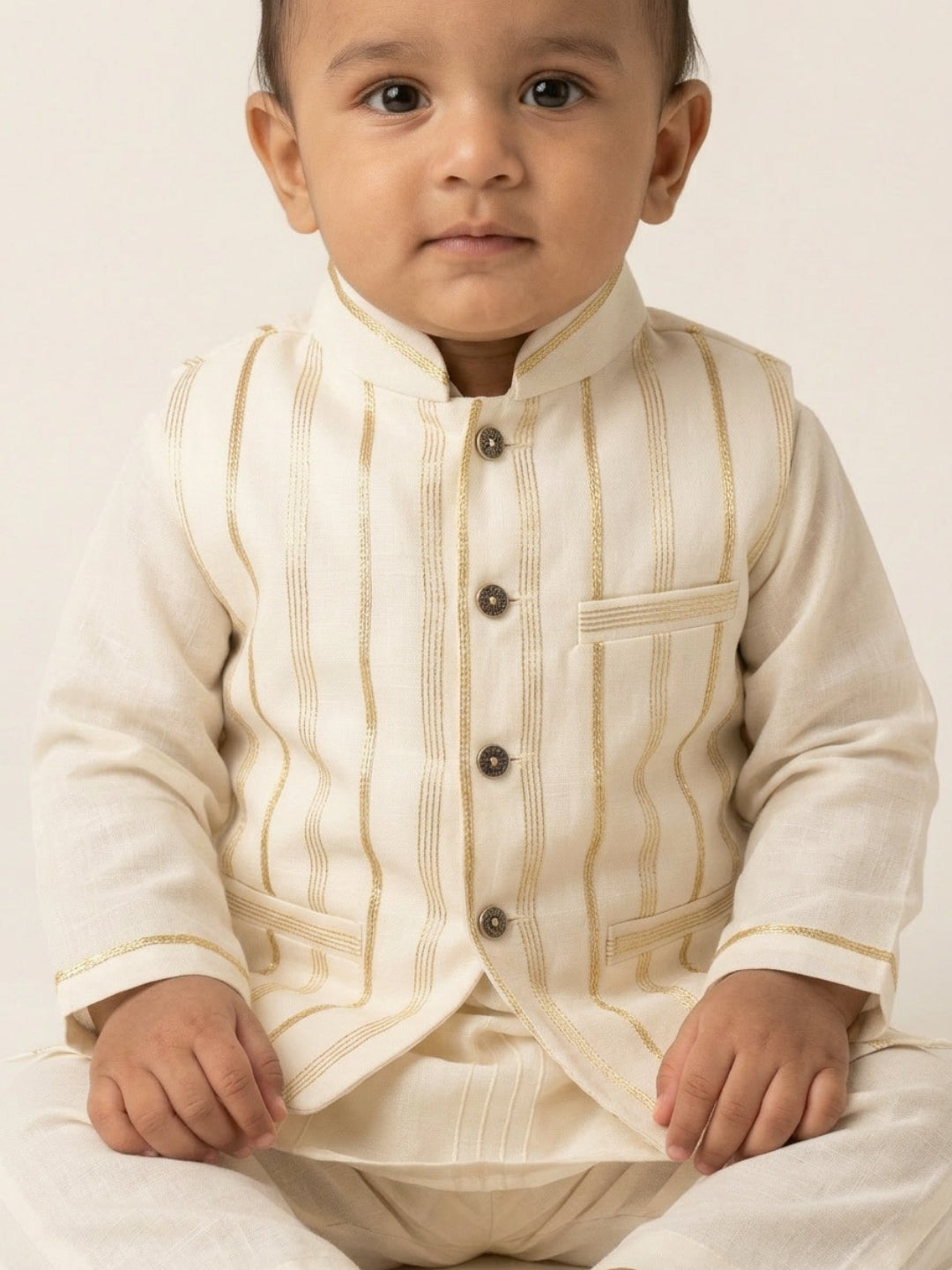 Infant Boys Off-White Kurta Pyjama Set with Striped Nehru Jacket | SHOBITAM