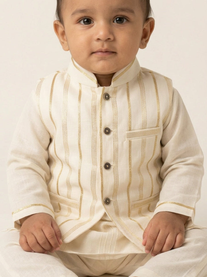Infant Boys Off-White Kurta Pyjama Set with Striped Nehru Jacket | SHOBITAM