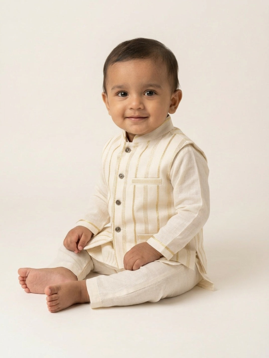 Infant Boys Off-White Kurta Pyjama Set with Striped Nehru Jacket | SHOBITAM