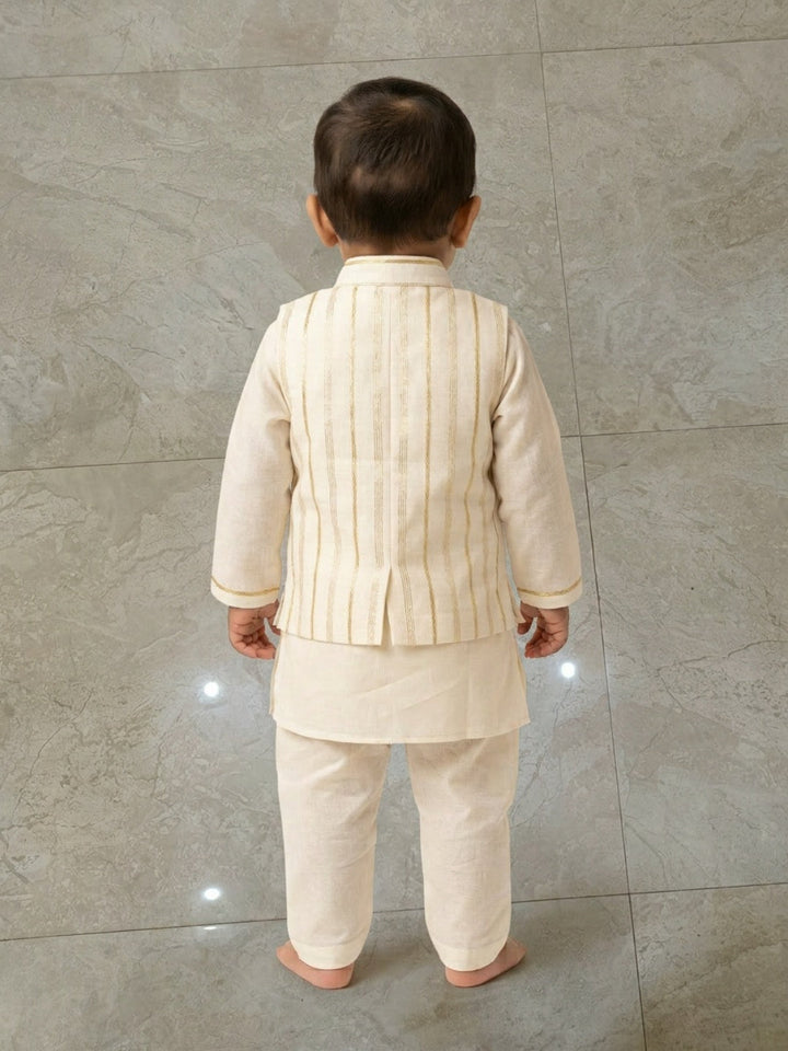 Infant Boys Off-White Kurta Pyjama Set with Striped Nehru Jacket | SHOBITAM