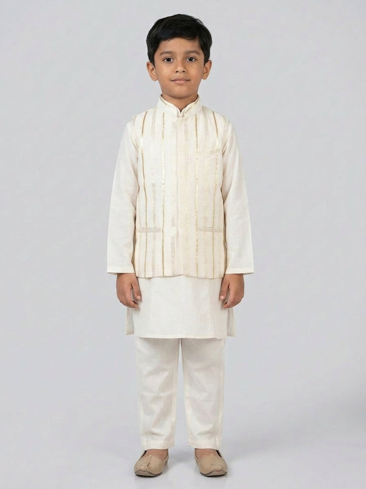 Boys Off-White Kurta pyjama set with Nehru Jacket | SHOBITAM