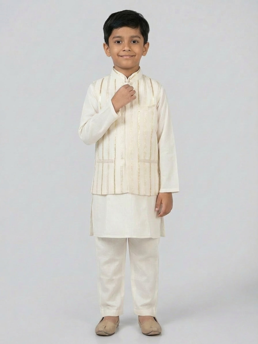 Boys Off-White Kurta pyjama set with Nehru Jacket | SHOBITAM
